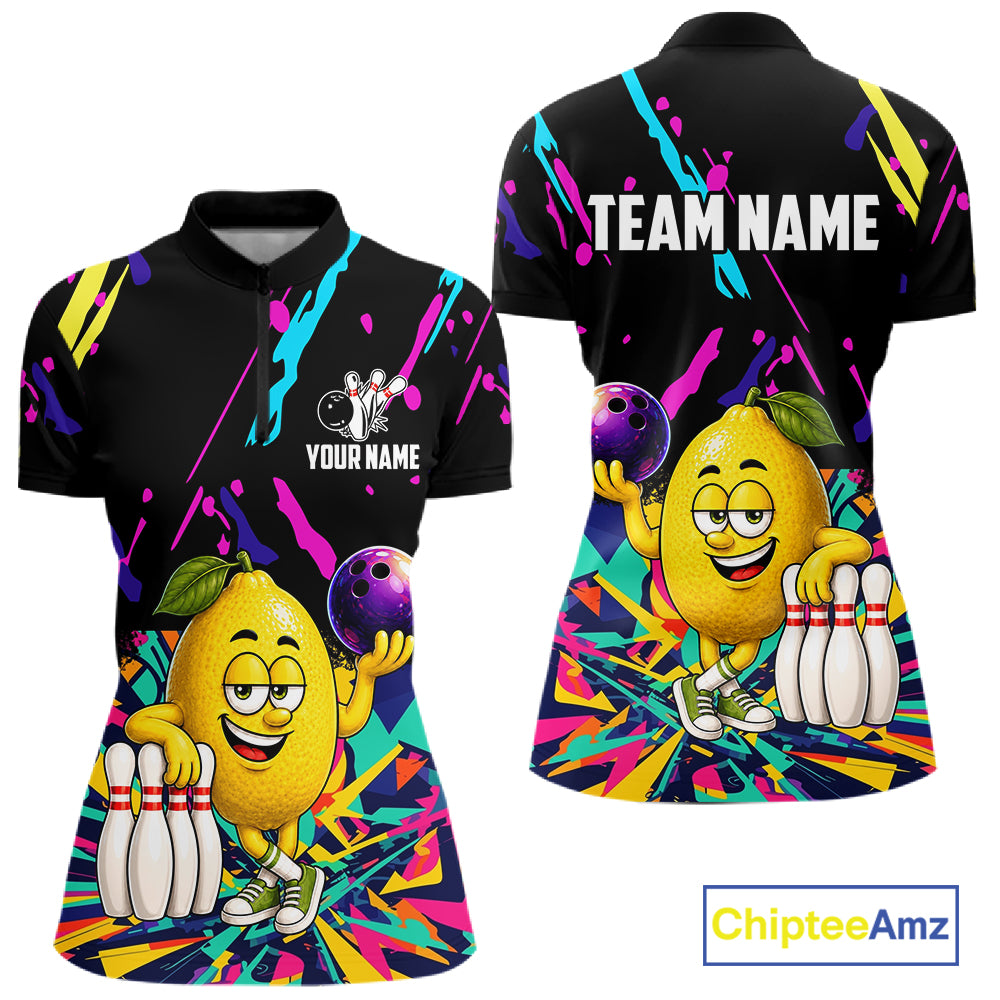 Colorful lemon bowling quarter zip shirt for women designed for league tournaments and team events.
