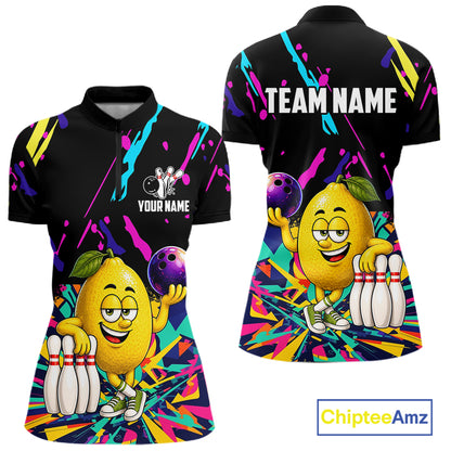 Colorful lemon bowling quarter zip shirt for women designed for league tournaments and team events.