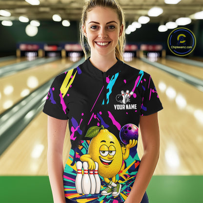 Woman wearing a colorful lemon bowling quarter zip jersey during league competition front view.