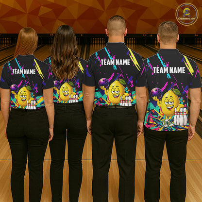 Back view of bowling team wearing matching lemon bowling shirts in a bowling alley.