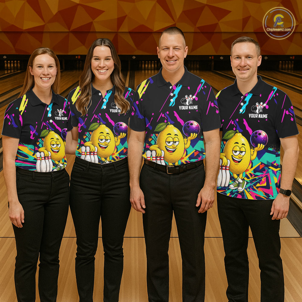 Bowling team wearing matching colorful lemon bowling jerseys during tournament matches front view.