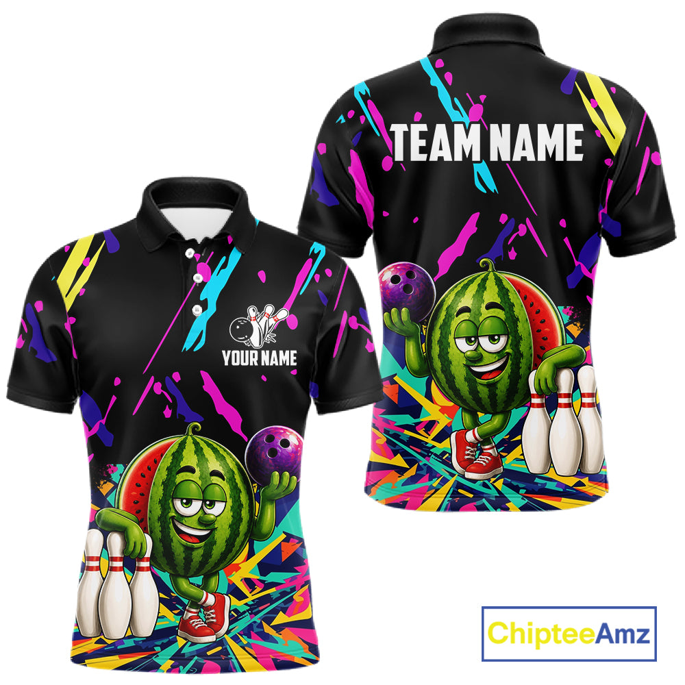 Colorful watermelon bowling polo shirt for men with vibrant custom bowling team graphics.