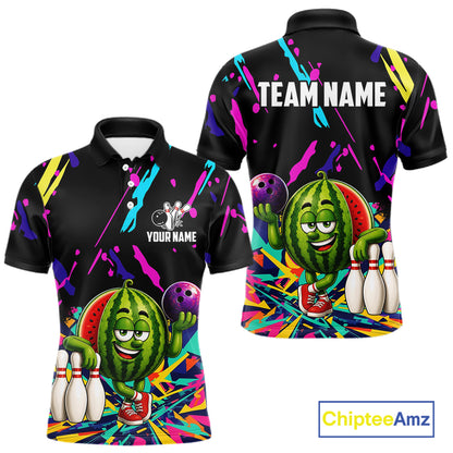 Colorful watermelon bowling polo shirt for men with vibrant custom bowling team graphics.