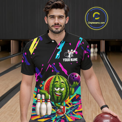 Man wearing a colorful watermelon bowling polo shirt at a bowling alley front view.