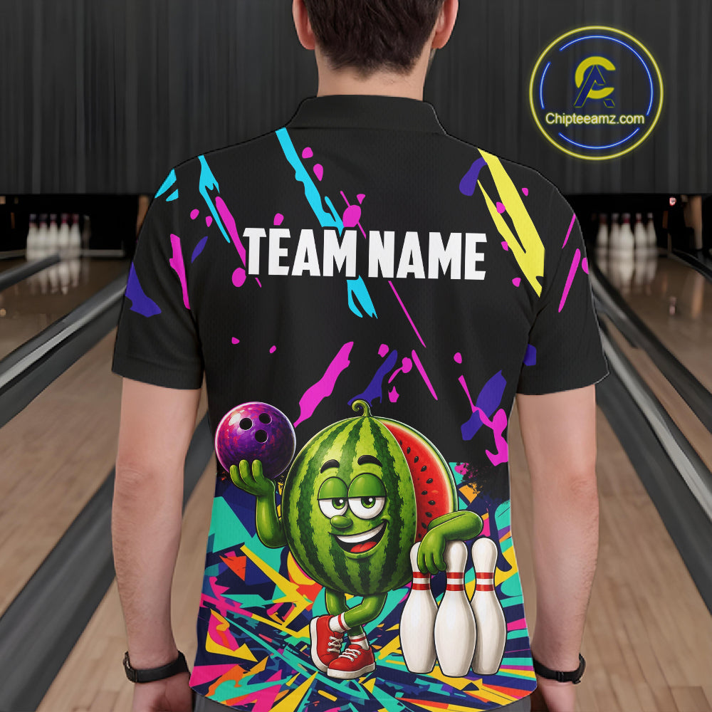 Back view of man wearing a colorful watermelon bowling polo shirt inside a bowling alley.