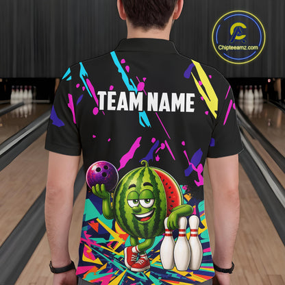 Back view of man wearing a colorful watermelon bowling polo shirt inside a bowling alley.