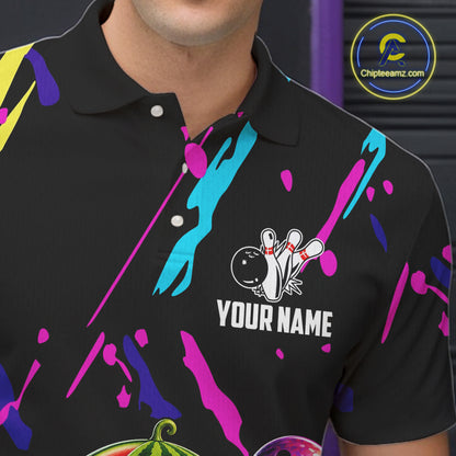 Close-up of a colorful watermelon bowling polo shirt collar, buttons, and watermelon artwork.