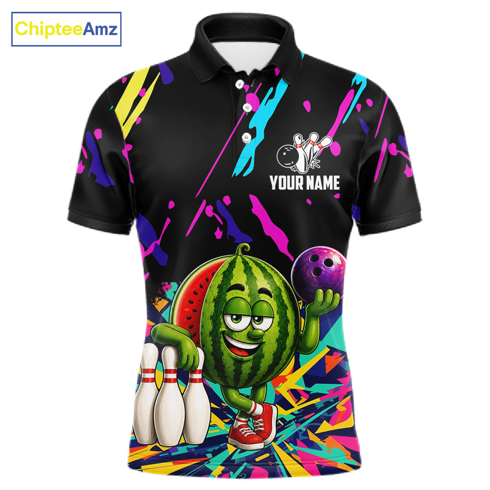 Colorful watermelon bowling polo shirt for men with vibrant custom bowling team graphics.