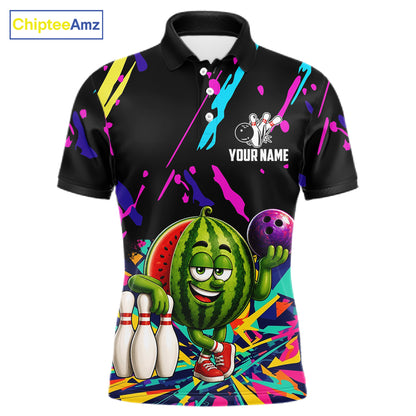 Colorful watermelon bowling polo shirt for men with vibrant custom bowling team graphics.