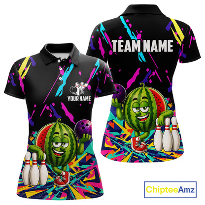 Colorful watermelon bowling polo shirt for women with vibrant custom bowling team graphics.