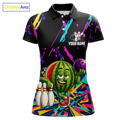 Colorful watermelon bowling polo shirt for women with vibrant custom bowling team graphics.
