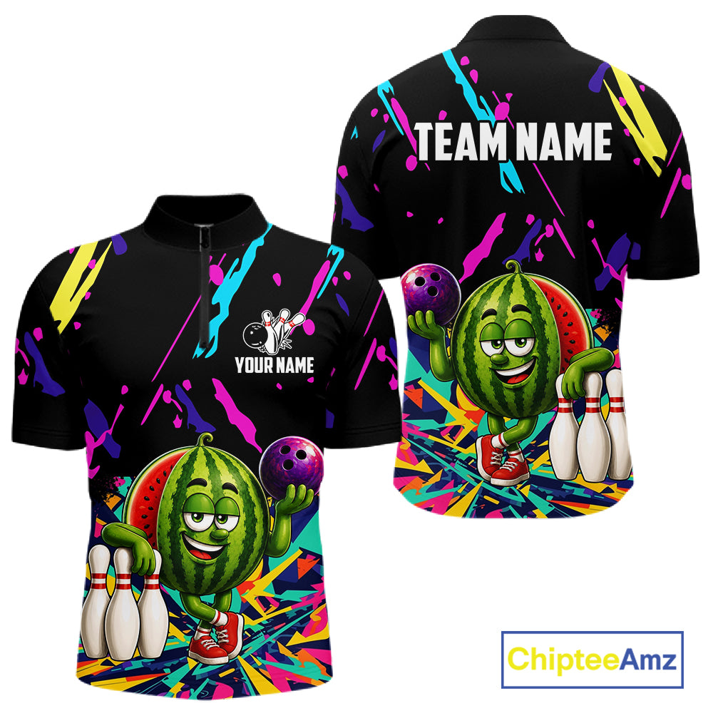 Colorful watermelon bowling quarter zip shirt for men designed for league tournaments and team events.