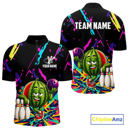Colorful watermelon bowling quarter zip shirt for men designed for league tournaments and team events.