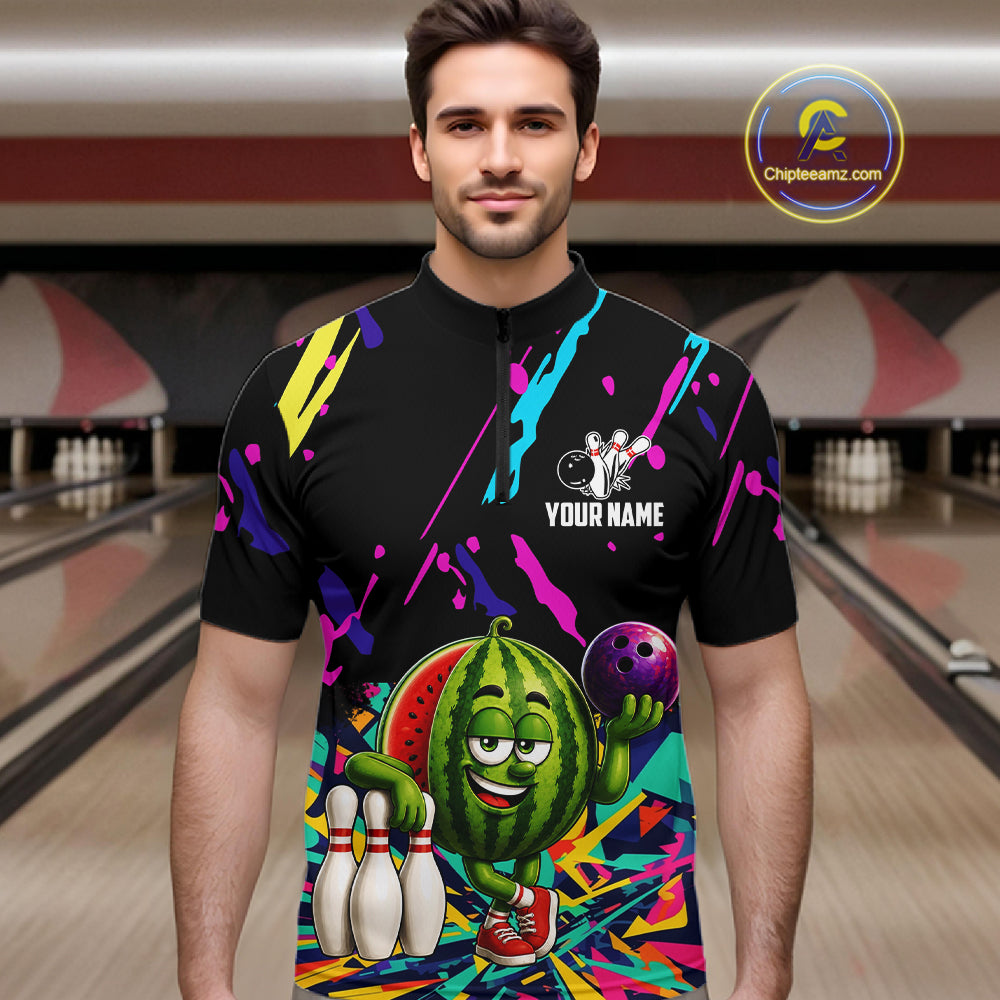 Man wearing a colorful watermelon bowling quarter zip jersey during league competition front view.