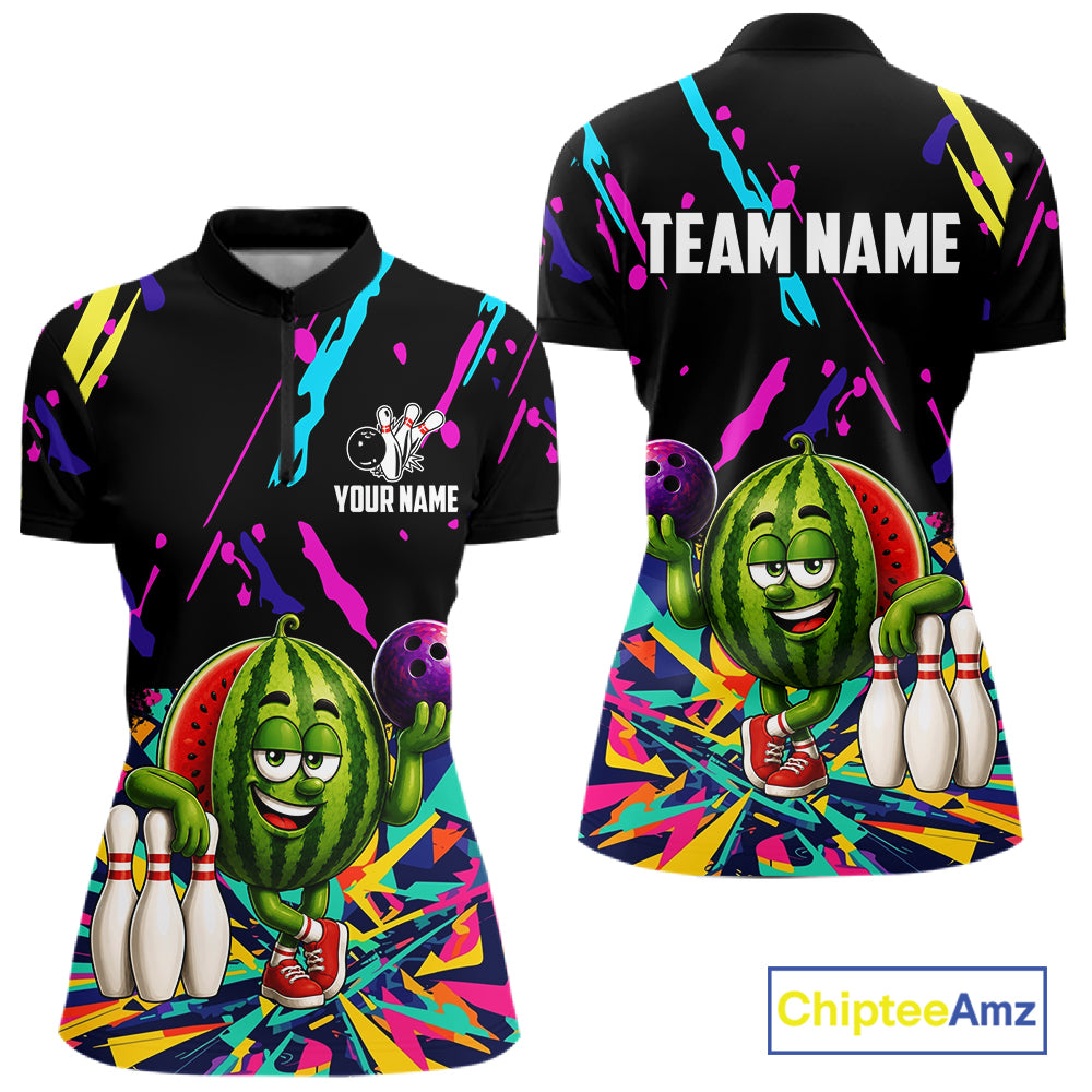 Colorful watermelon bowling quarter zip shirt for women designed for league tournaments and team events.