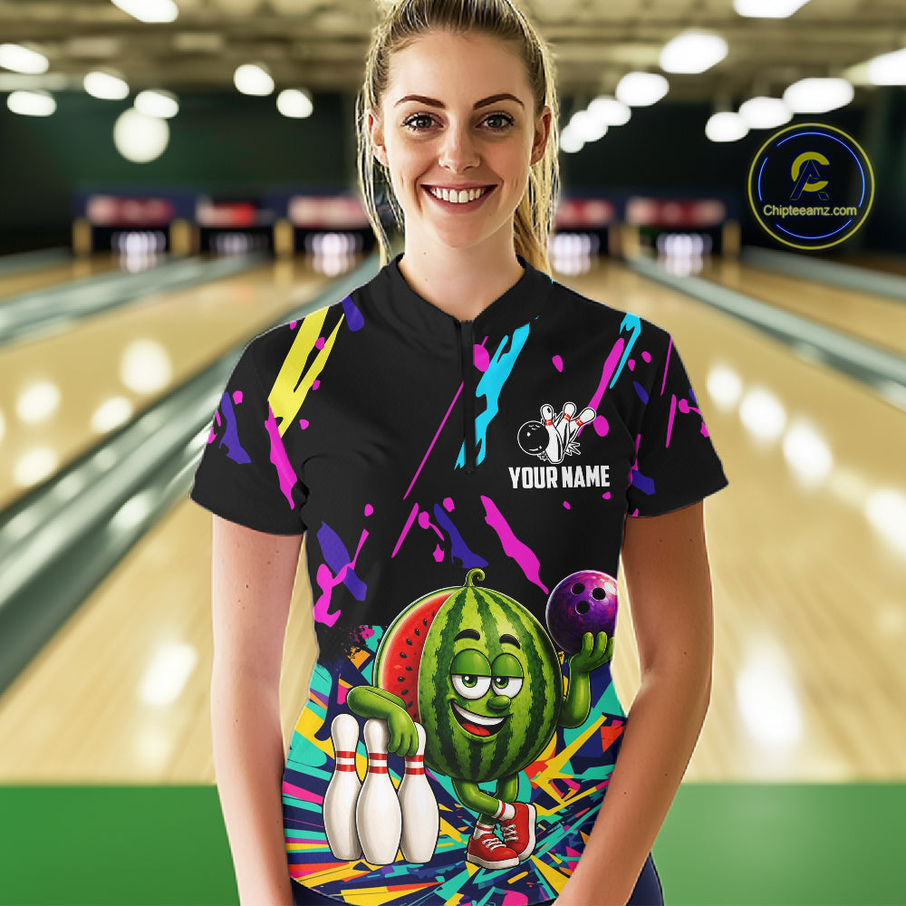 Woman wearing a colorful watermelon bowling quarter zip jersey during league competition front view.