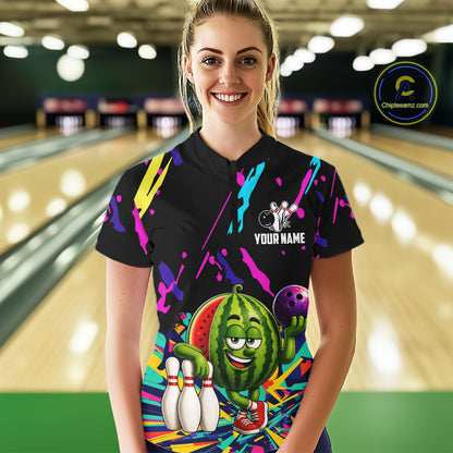 Woman wearing a colorful watermelon bowling quarter zip jersey during league competition front view.