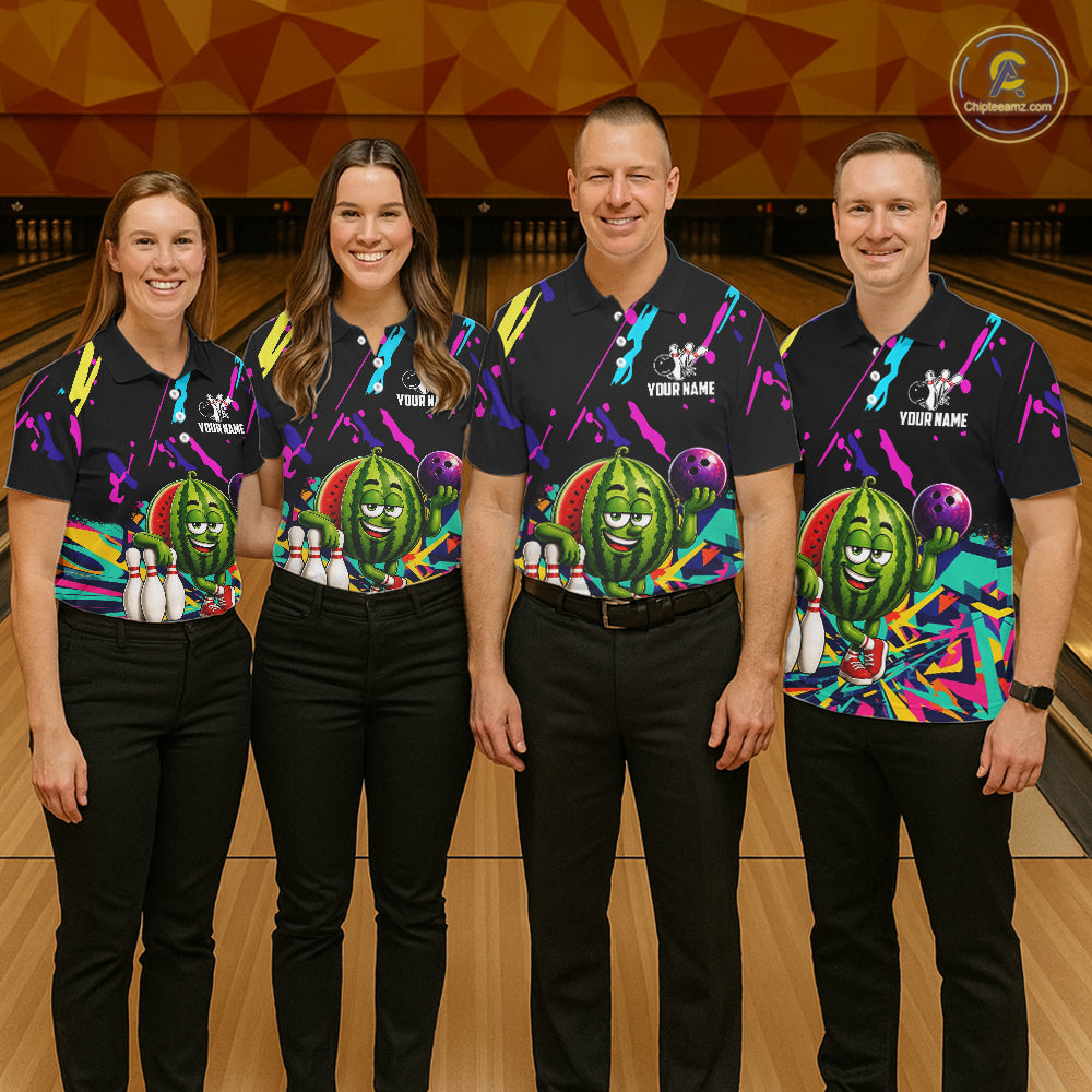 Bowling team wearing matching colorful watermelon bowling jerseys during tournament matches front view.
