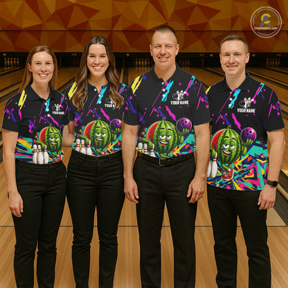 Bowling team wearing matching colorful watermelon bowling jerseys during tournament matches front view.