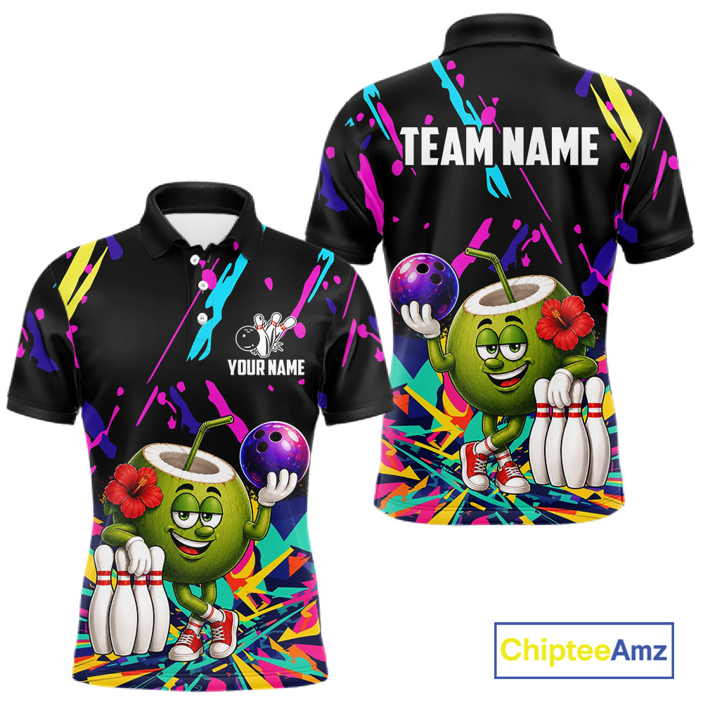Colorful coconut bowling polo shirt for men with tropical custom bowling team graphics.