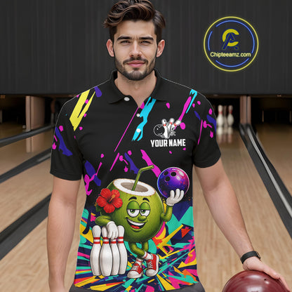Man wearing a colorful coconut bowling polo shirt at a bowling alley front view.