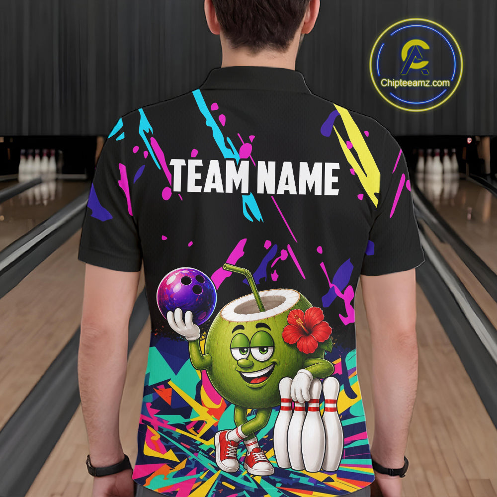 Back view of man wearing a colorful coconut bowling polo shirt inside a bowling alley.