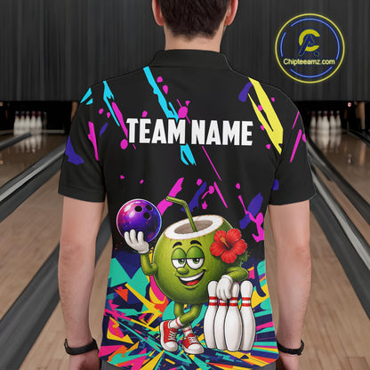 Back view of man wearing a colorful coconut bowling polo shirt inside a bowling alley.
