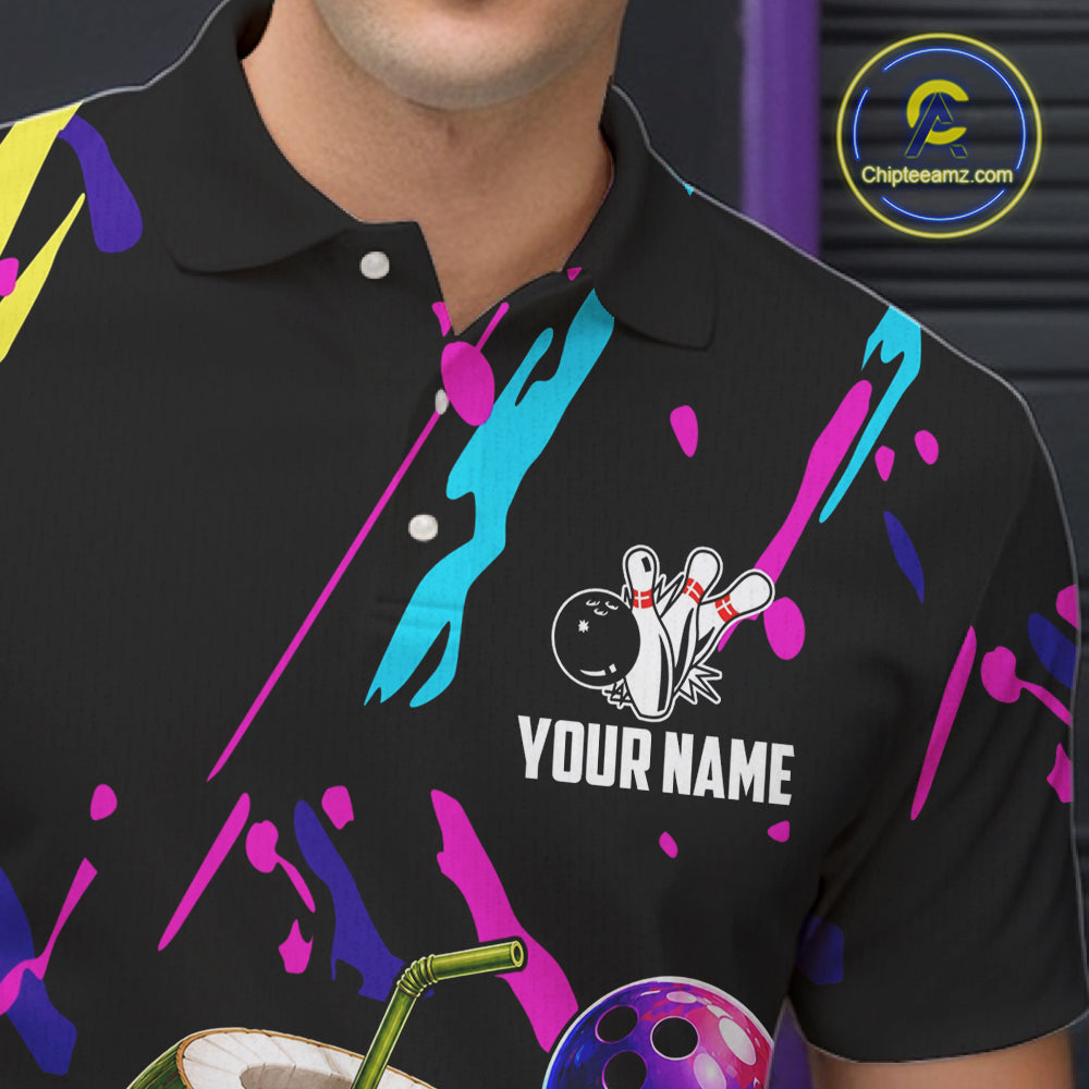 Close-up of a colorful coconut bowling polo shirt collar, buttons, and coconut artwork.