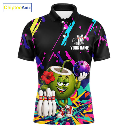 Colorful coconut bowling polo shirt for men with tropical custom bowling team graphics.