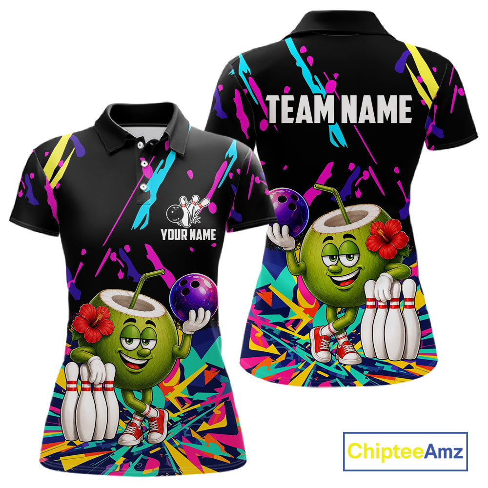 Colorful coconut bowling polo shirt for women with tropical custom bowling team graphics.