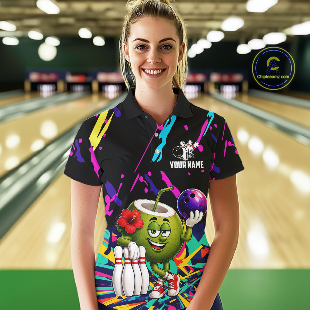 Woman wearing a colorful coconut bowling polo shirt at a bowling alley front view.