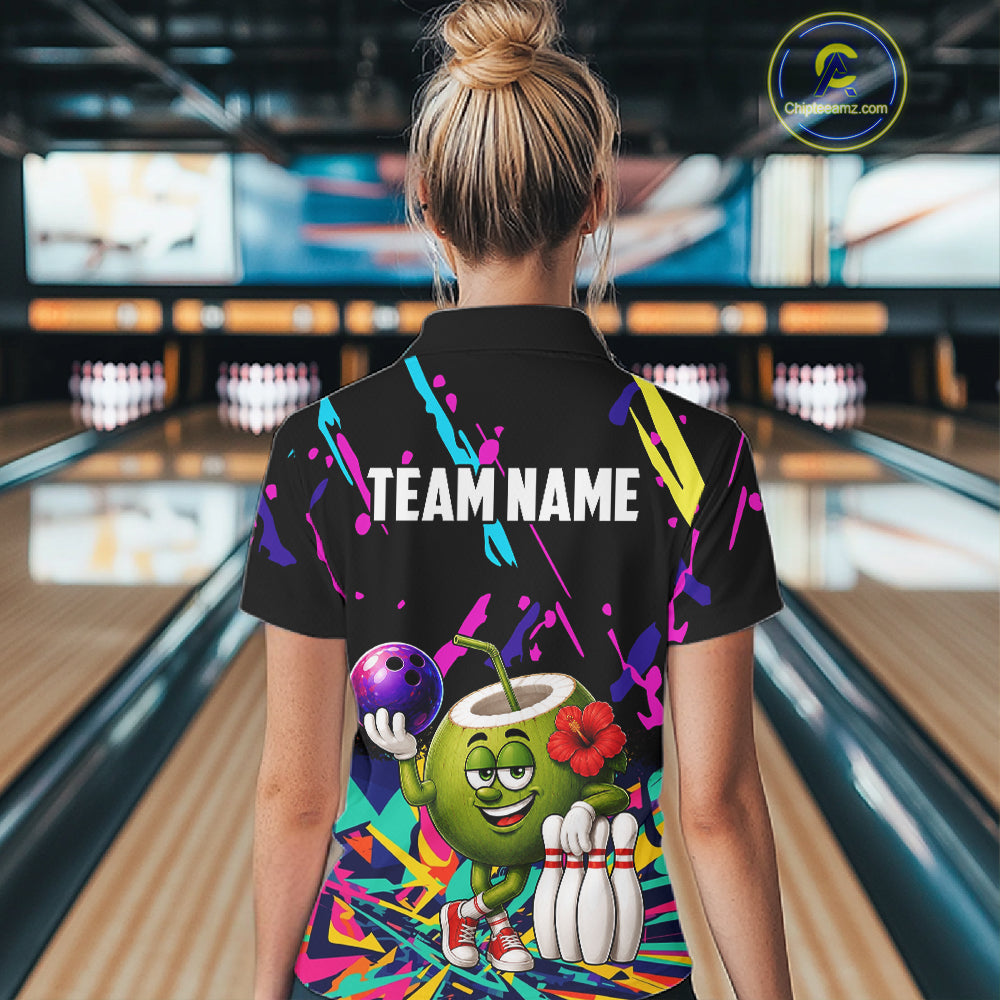 Back view of woman wearing a colorful coconut bowling polo shirt inside a bowling alley.