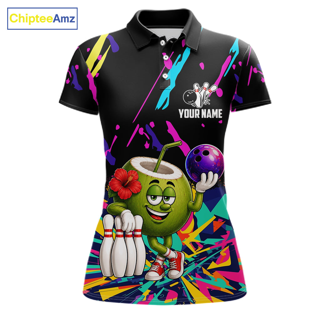 Colorful coconut bowling polo shirt for women with tropical custom bowling team graphics.