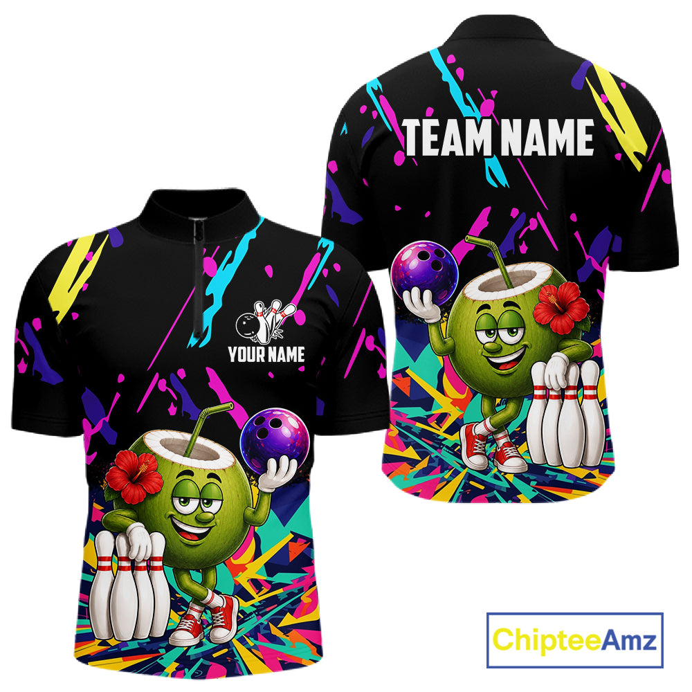 Colorful coconut bowling quarter zip shirt for men designed for league tournaments and team events.