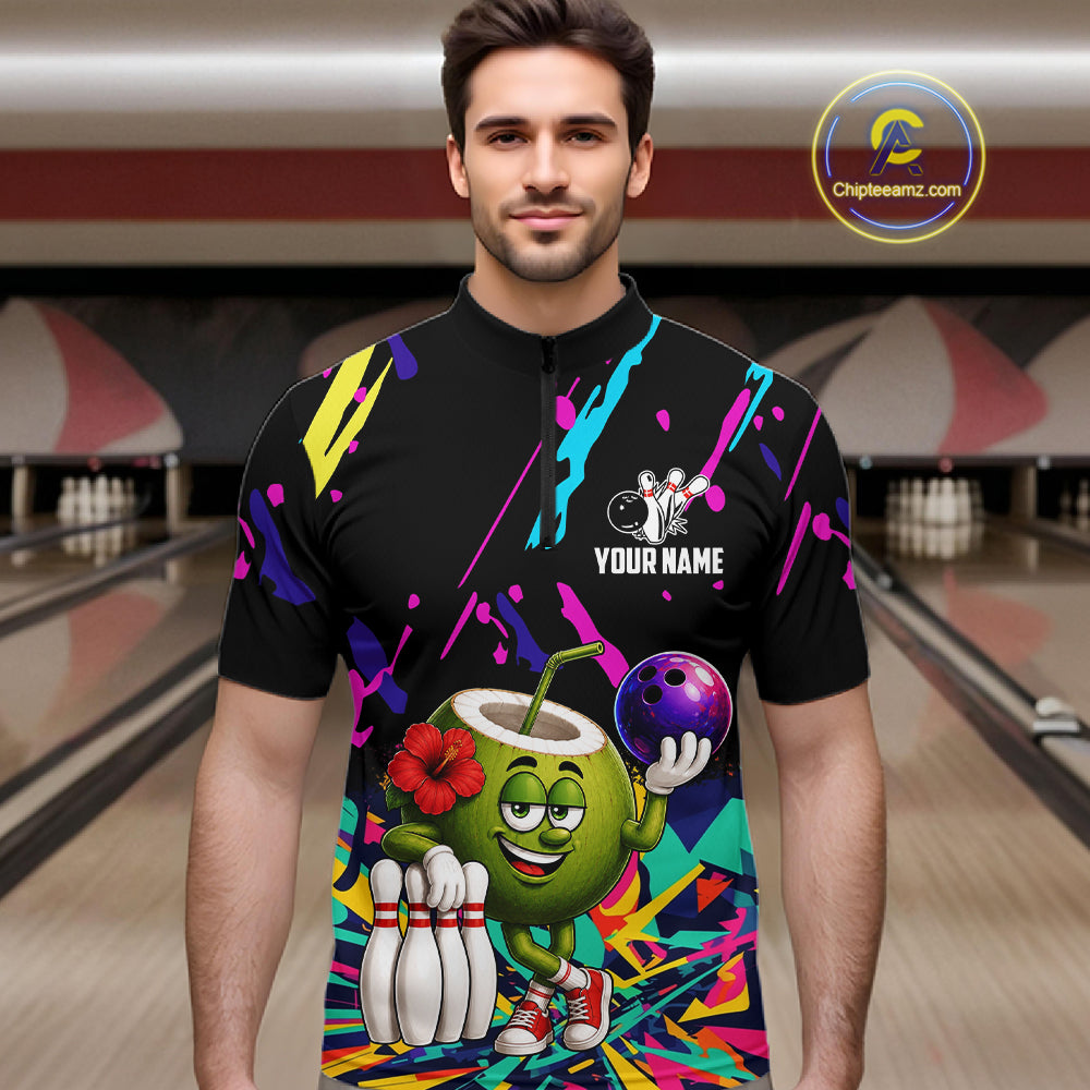 Man wearing a colorful coconut bowling quarter zip jersey during league competition front view.