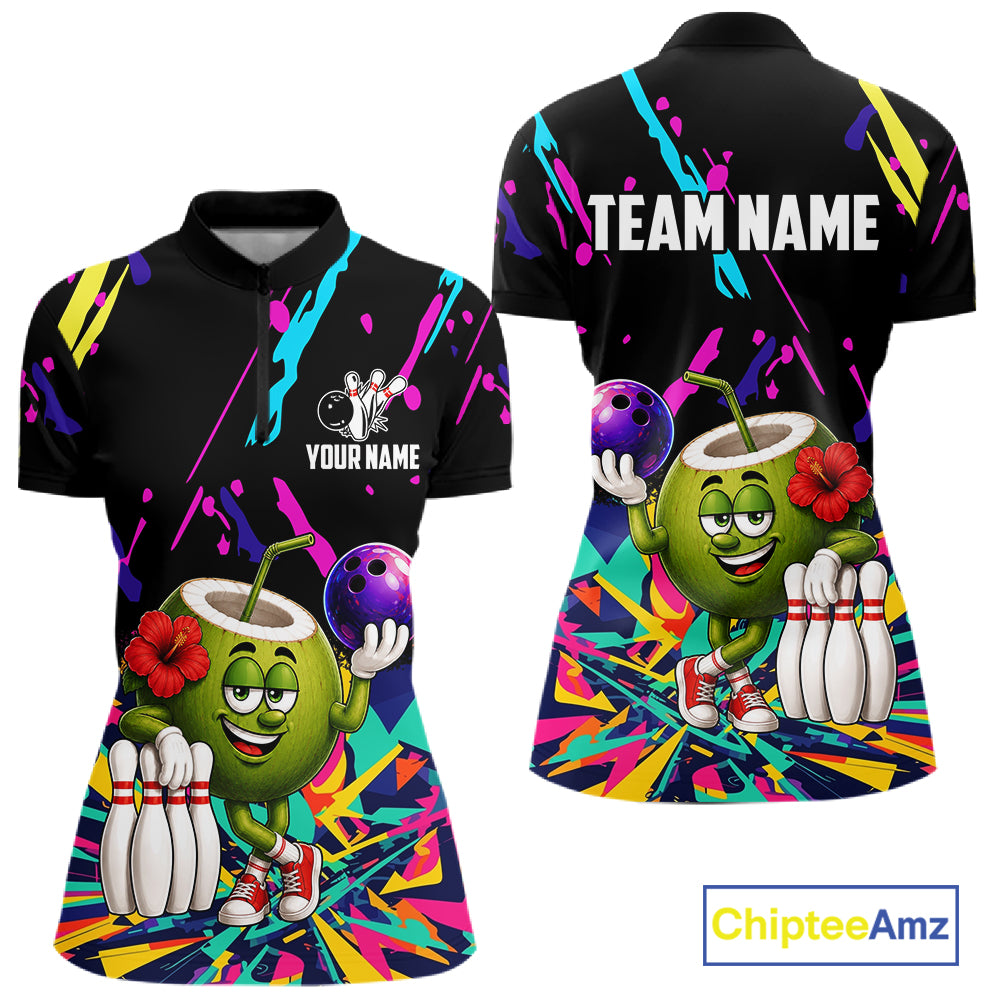 Colorful coconut bowling quarter zip shirt for women designed for league tournaments and team events.