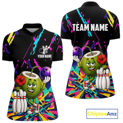 Colorful coconut bowling quarter zip shirt for women designed for league tournaments and team events.