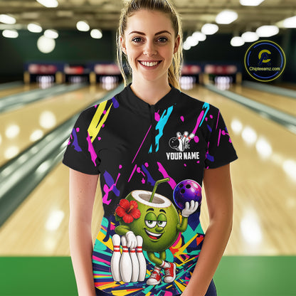Woman wearing a colorful coconut bowling quarter zip jersey during league competition front view.