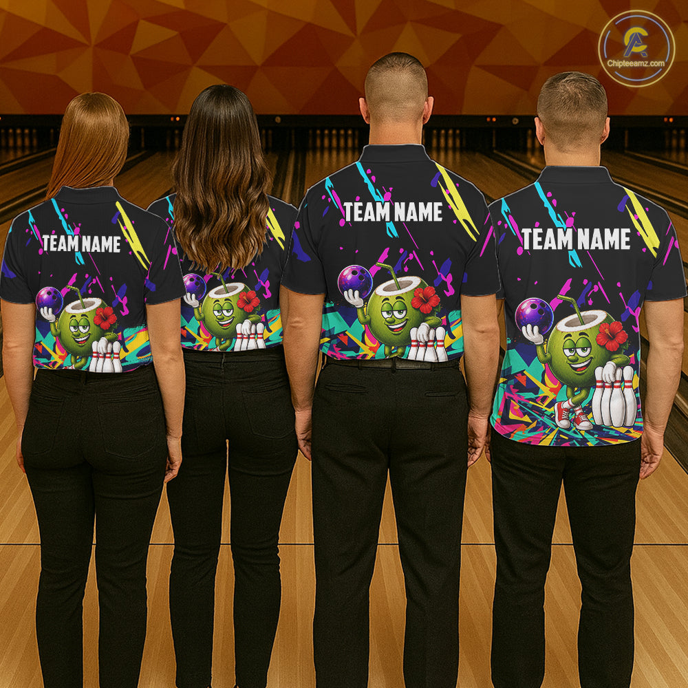 Back view of bowling team wearing matching coconut bowling shirts in a bowling alley.