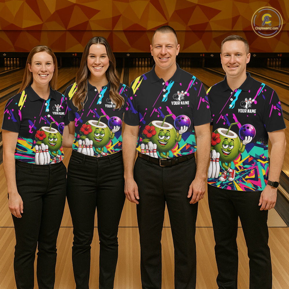Bowling team wearing matching colorful coconut bowling jerseys during tournament matches front view.