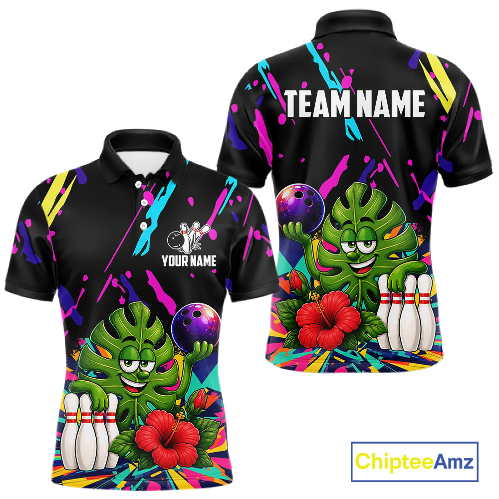 Colorful monstera hibiscus bowling polo shirt for men with tropical custom bowling team graphics.
