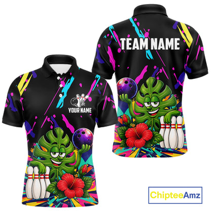 Colorful monstera hibiscus bowling polo shirt for men with tropical custom bowling team graphics.