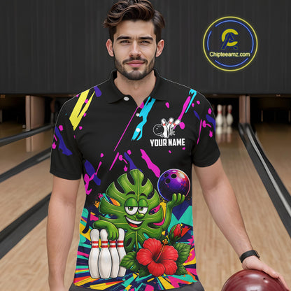 Man wearing a colorful monstera hibiscus bowling polo shirt at a bowling alley front view.