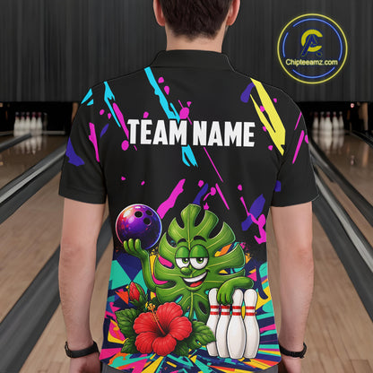 Back view of man wearing a colorful monstera hibiscus bowling polo shirt inside a bowling alley.