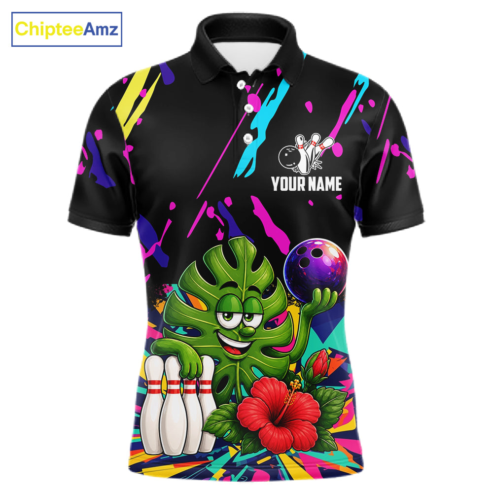 Colorful monstera hibiscus bowling polo shirt for men with tropical custom bowling team graphics.