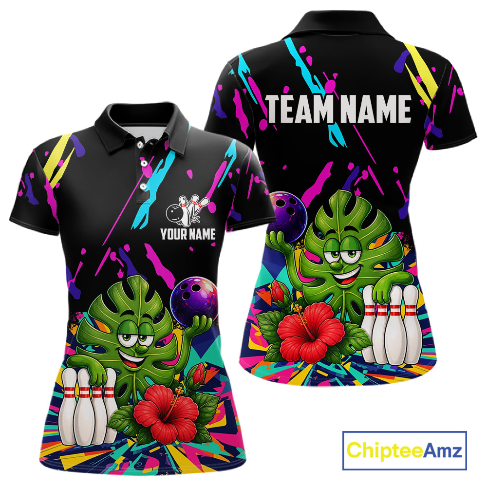 Colorful sunflower bowling polo shirt for women with vibrant custom bowling team graphics.