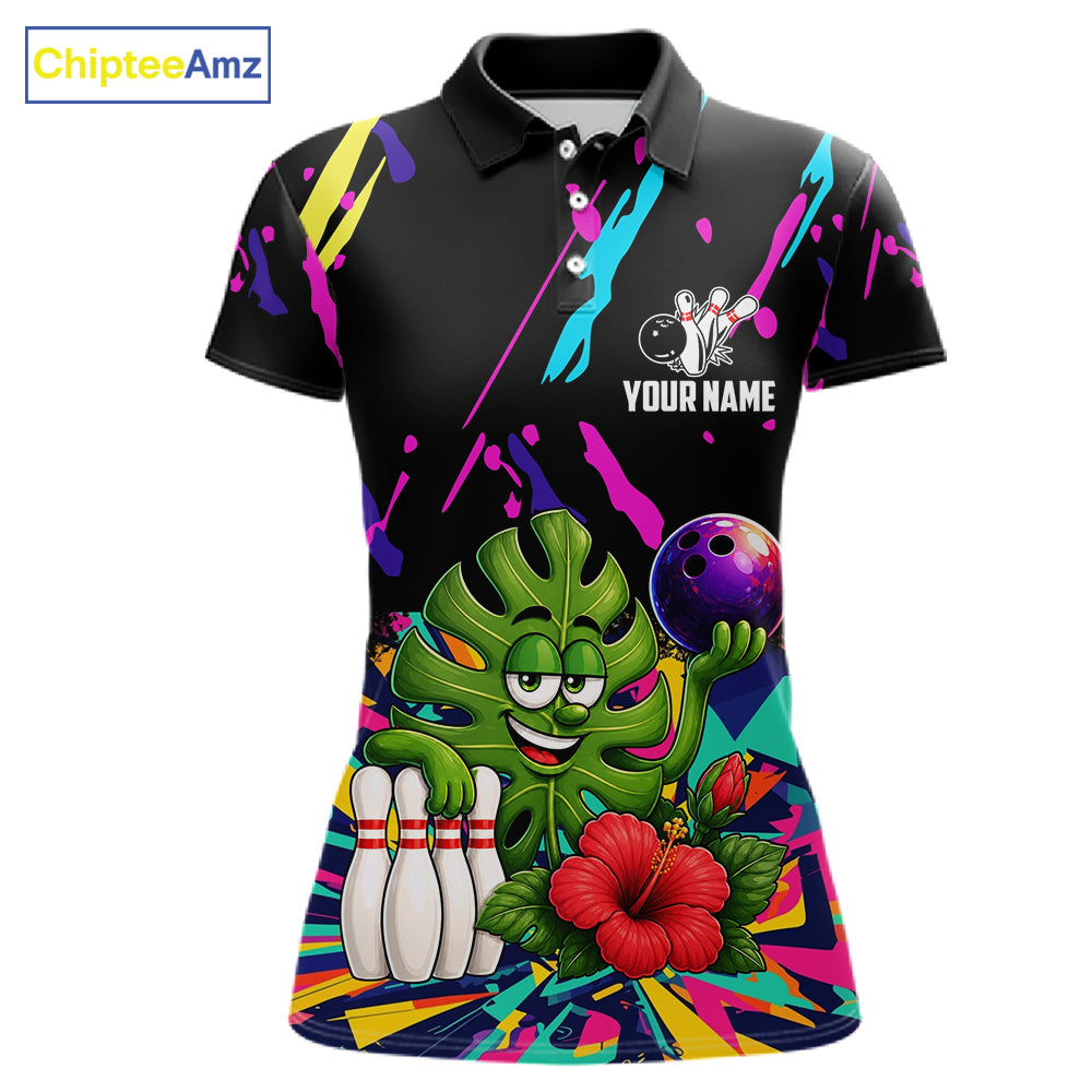 Colorful sunflower bowling polo shirt for women with vibrant custom bowling team graphics.