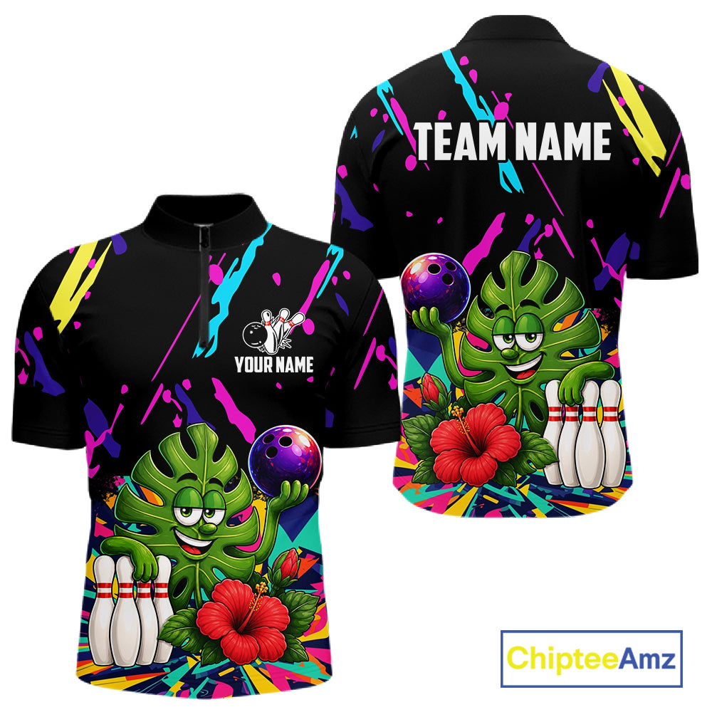 Colorful monstera hibiscus bowling quarter zip shirt for men designed for league tournaments and team events.