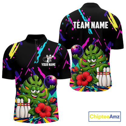Colorful monstera hibiscus bowling quarter zip shirt for men designed for league tournaments and team events.