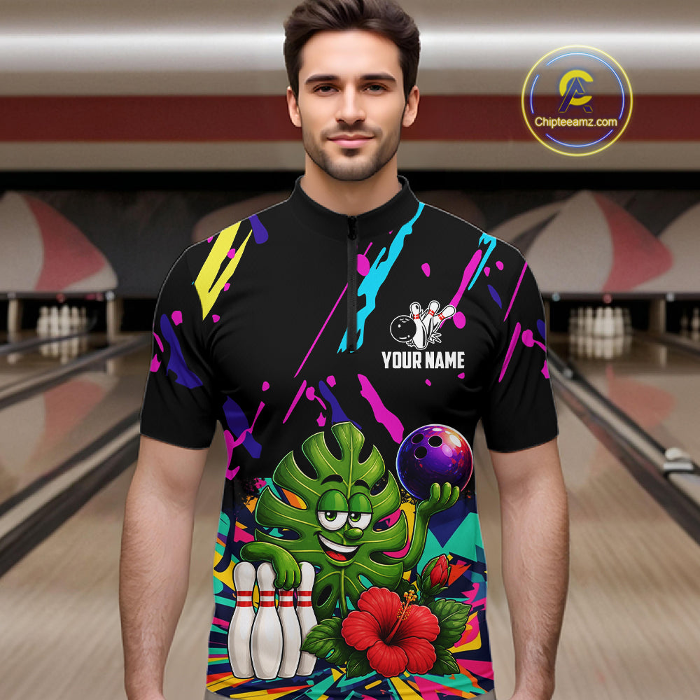 Man wearing a colorful monstera hibiscus bowling quarter zip jersey during league competition front view.